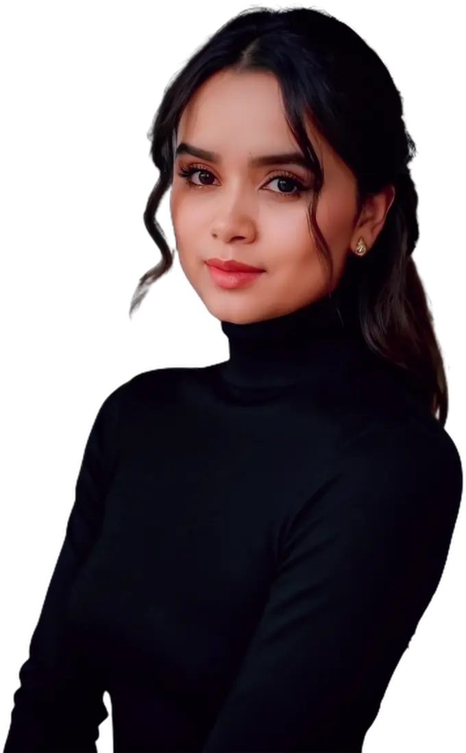 Retrato de Andrea Sánchez con suéter negro de cuello alto